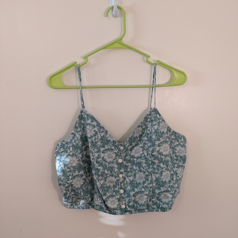 American Eagle Linen Blend Floral Boho Beachy Button Design Cropped Tank Top